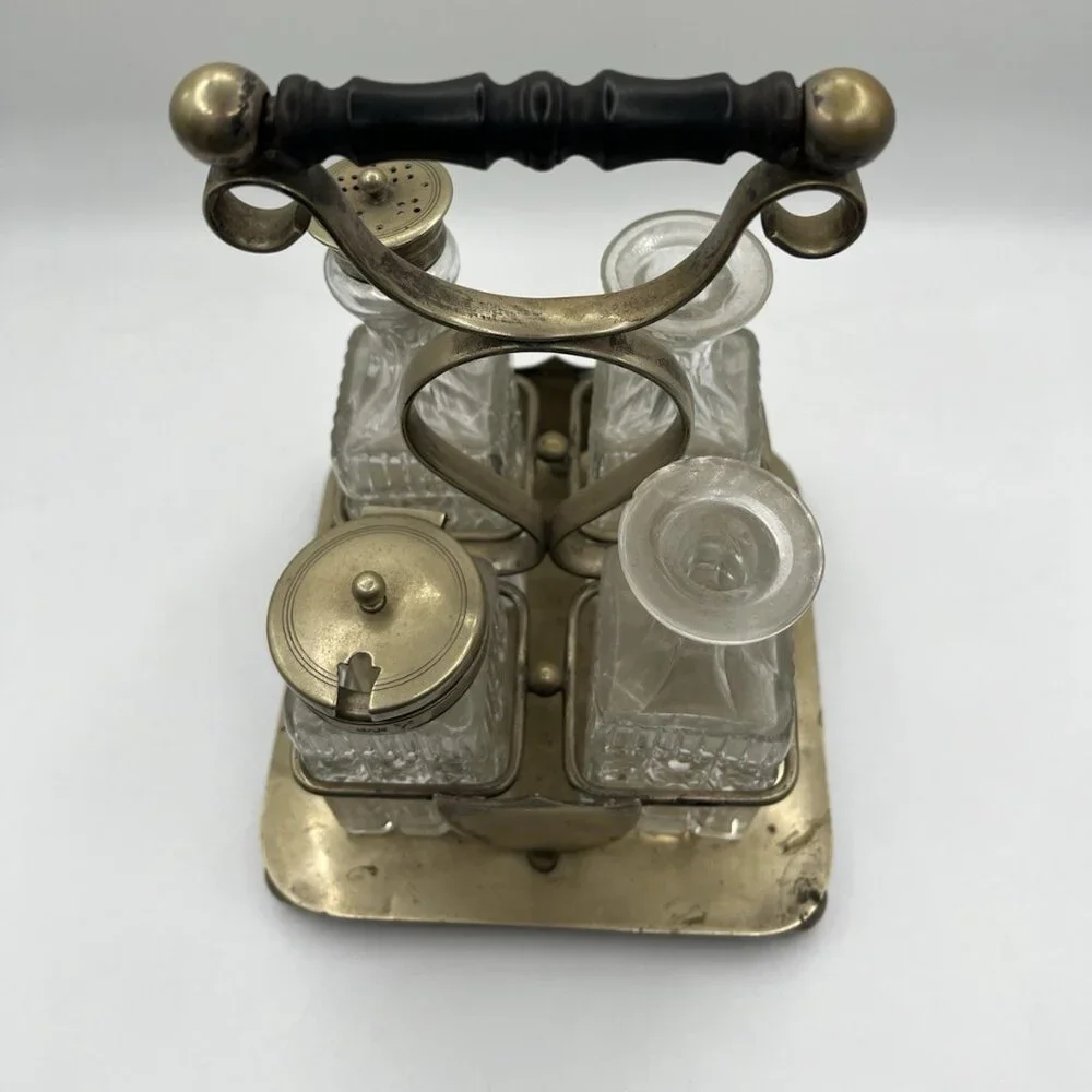 Antique Victorian EPNS Cruet Castor Set Pressed Glass Bottles Silverplate Stand